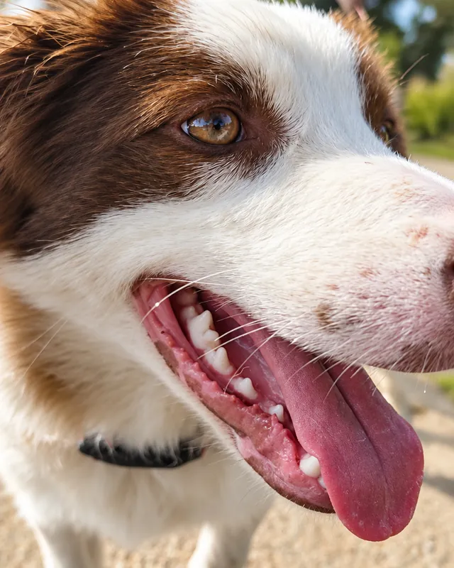 O Kevin, border collie marrom e branco, sorrindo de perto
